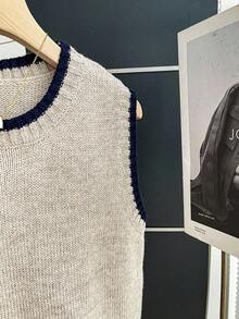 SHEIN Tall 休闲宽松圆领无袖针织撞色滚边卡其色秋冬针织背心，秋冬外出上衣 - 杏色 - 查看 4