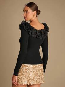 Enchnt 女式纯色网眼拼布荷叶边长袖修身时尚衬衫 - 黑色 - 查看 7