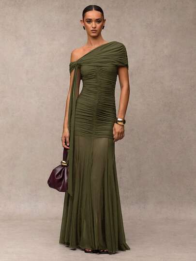 SHEIN BAE Women's Elegant Ruched Asymmetric Dress, Summer ,Wedding Guest Dress Women,Valentine's Day,Valentine Outfits For Women