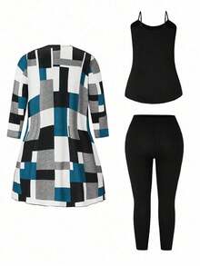 EMERY ROSE 3pcs Plus Size Women Casual Patchwork Print Belted Jacket, Camisole And Leggings Set, Spring/Autumn - Multicolor - View 2