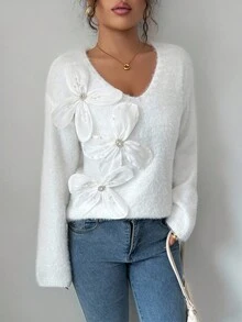SHEIN Elenzya V-Neck Long Sleeve 3D Pearl Flower Women Sweater - Beige - View 4