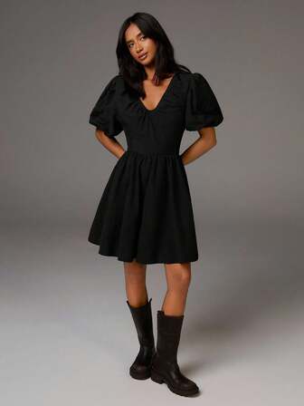 Athîral Women's Black V-Neck Puff Sleeve Smocked Waist A-Line Mini Dress - Soft Stretch Fabric For Casual, Office, Date Night, Minimalist, French, Sweet, Street Style,Birthday Party,Romantic Date,Vacation Dress,Summer & Autumn