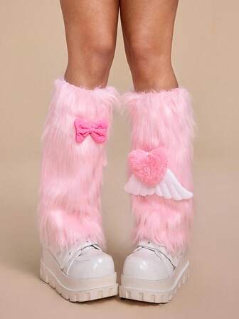 Anime 1 Pair Cute Pink Fluffy Leg Warmers, Sweet Bowknot Wing Leg Warmers, Warm Furry Leg Covers For Daily Wear