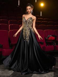 Glamrae Váy maxi satin đính cườm và sequin sang trọng, thanh lịch, họa tiết hoa chắp vá, gợi cảm với viền bèo nhún quá khổ, thích hợp cho đám cưới, tiệc tùng, kỳ nghỉ, dạ hội, váy dạ hội (đính cườm nhiều họa tiết) - màu đen - Xem 8