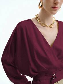Aalyst Women's Linen Elegant Office/Commute/Vacation Casual V-Neck Dropped Shoulder Long Sleeve Shirt With Adjustable Waist Belt - Maroon - View 6