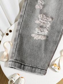 SHEIN 2 件套男婴/女婴红色格子领长袖上衣和牛仔裤套装，百搭休闲装，适合秋冬季