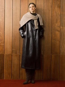 Revavyn Revavyn 法式优雅通勤女士翻领收腰长款收腰皮夹克，英伦风 - 咖啡棕 - 查看 3