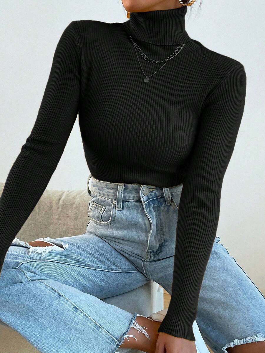 Aidyla Turtleneck Ribbed Knit Jumper Without Necklace - Black - View 1