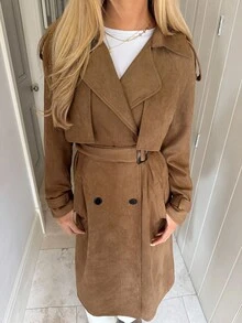 CovetEZ Women's Autumn And Winter Elegant Office Camel Mid-Length Windbreaker,Retro Suede Corduroy Casual Versatile Fashion Jacket Coats - Brown - View 4