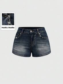 ROMWE Grunge Punk Spring/Summer Carnival Party Casual Y2K Vintage Punk Music Festival Sexy Low-Waist Distressed Rhinestone Decor Women's Low Waist Denim Shorts - Blue - View 2