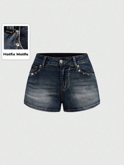 Grunge Punk Y2K Vintage Punk Music Festival Sexy Low-Waist Distressed Rhinestone Decor Women's Low Waist Denim Shorts