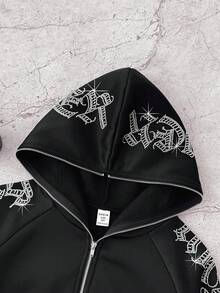 SHEIN Áo nỉ ngắn tay có khóa kéo, đính đá và đinh tán kiểu Gothic dành cho bé gái tuổi teen, thích hợp cho lễ tốt nghiệp/trở lại trường học, mùa thu/đông. - màu đen - Xem 3