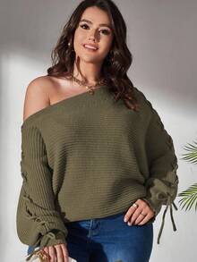 Elenzga Plus Size Solid Color Off Shoulder Drawstring Sweater, Multi-Color Fall - Army Green - View 3