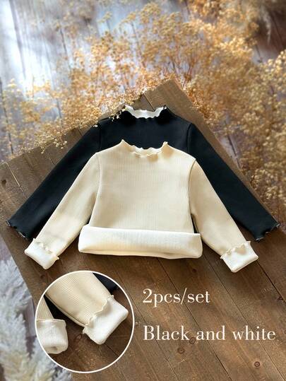 SHEIN Conjunto de 2 peças/a camiseta mais barata para meninas, compre 1 e leve 1 grátis, conjunto de 2 peças de camisetas casuais quentes e justas de cor sólida para meninas, camiseta grossa com forro de lã e lã adicionada por dentro, outono/inverno, ótima para uso casual e diário e para a escola, estilo universitário de volta às aulas, festa