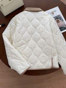 SHEIN Frenchy 女式休闲撞色饰边双口袋绗缝领夹克，秋冬 - 米色 - 查看 2