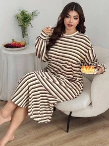 Dazy Plus Plus Size Women Striped Loose Straight Patchwork Ruffle Hem Nightgown, Cozy Outfit, Fall & Winter, Moo Moo Night Dress - Brown - View 1