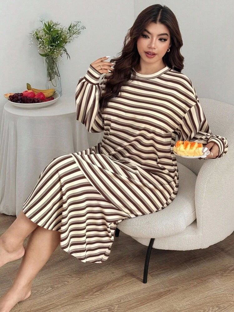 Dazy Plus Plus Size Women Striped Loose Straight Patchwork Ruffle Hem Nightgown, Cozy Outfit, Fall & Winter, Moo Moo Night Dress