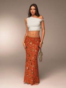 Avantive 秋季/返校/乡村音乐会/外出/生日/万圣节服装/休闲/Y2k/2000 年代/Y2k 服装 Y2k/90S/性感/西部服装女士/乡村/俱乐部/办公室/鸡尾酒会/复古/紧身/狂欢橙色亮片美人鱼下摆裙 - 棕色 - 查看 4