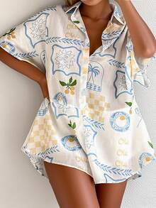 INAWLY Plus Size Women Tropical Print Shirtdress