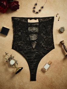 SHEIN 大码女式蝴蝶结蕾丝性感紧身衣 - 黑色 - 查看 4