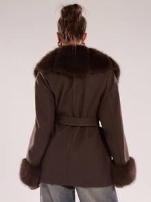 SHEIN BAE Women's Fashionable Faux Fur Patchwork Blended Overcoat, Fall/Winter Style Elegant Blended Overcoat, Perfect For Casual Outings, Dates, And Leisure Occasions Brown Coat Outerwear Women,Winter Clothes For Women - Coffee Brown - View 2