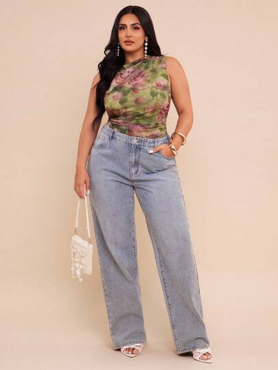 SHEIN BAE 大码女式褶皱网眼花卉印花连体衣，秋冬