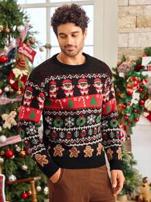 Manfinity VCAY Men's Crew Neck Long Sleeve Christmas Element Pattern Sweater, New Year Glamour - Black - View 4