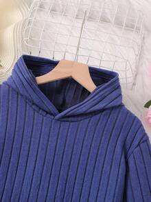 Sparklyn 少女针织罗纹连帽 T 恤，下摆不对称，搭配紧身打底裤，2 件/套 - 藍色 - 查看 3