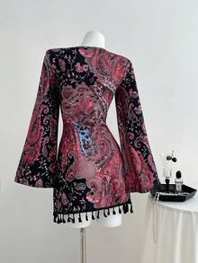 Elamini 1 chiếc váy len ngắn cho nữ, nhiều màu sắc, họa tiết hoa hạt điều bohemian, tay dài, mặc thường ngày/đi làm hàng ngày - Nhiều màu - Xem 2