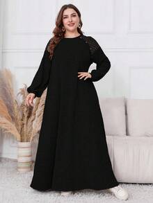 Al Najma 加大码毛绒拼布长款休闲连衣裙，秋冬款，休闲端庄束腰连衣裙，适合日常休闲/居家长款女装 - 黑色 - 查看 5