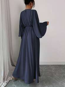 Elenzga 女士优雅简约高端休闲连衣裙，适合办公室、通勤、海滩、音乐节、下午茶、德比、帆船赛，纯色圆领二合一腰部荷叶边褶皱蝙蝠袖 A 字长裙，春夏 - 藏蓝色 - 查看 2