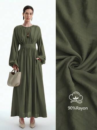 Aalyst Damen elegantes, minimalistisches, hochwertiges, lässiges Urlaubs-/Bürokleid, bequem, locker, einfarbig, mit rundem Ausschnitt, Taillengummizug und A-Linie, für Frühling/Herbst/Winter