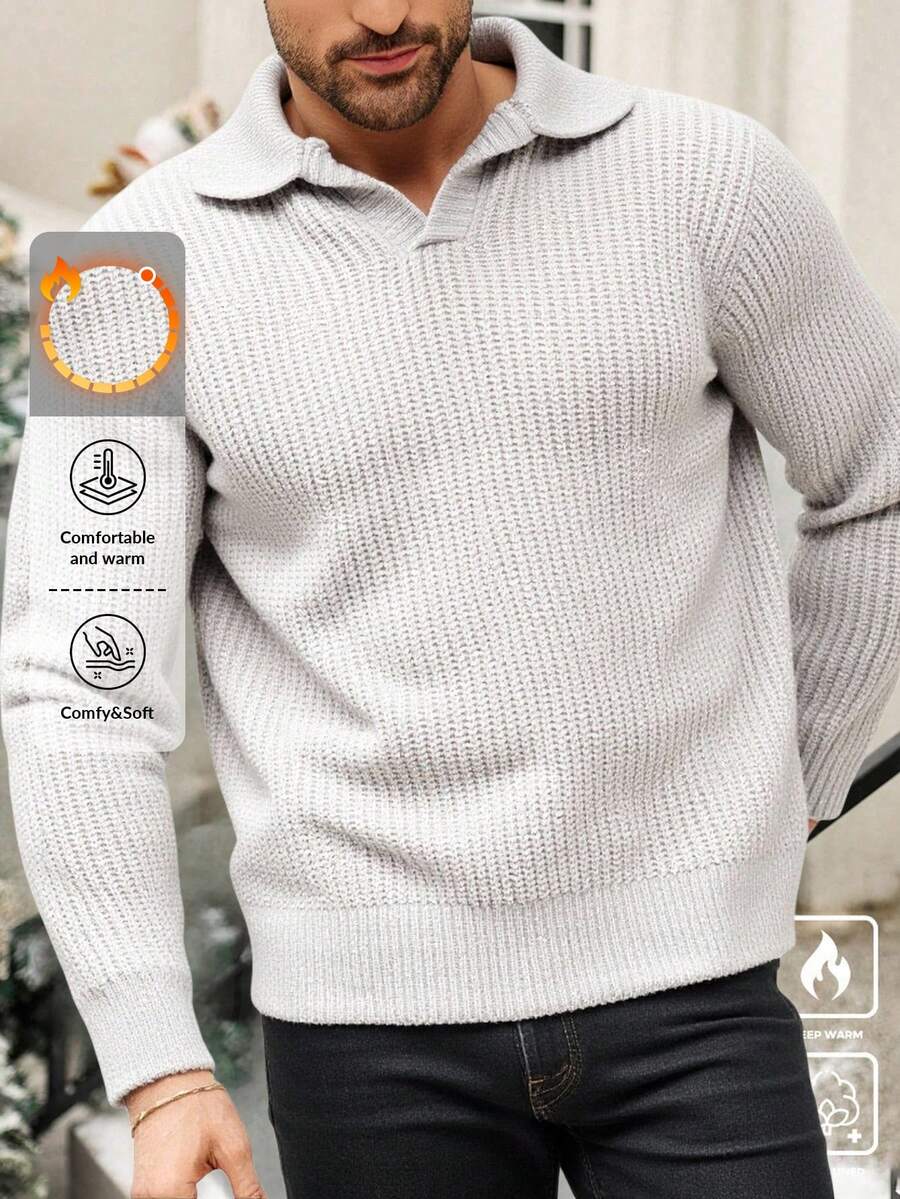 EURMUSE Men Polo Collar Stripe Knitted Regular Sweater - Grey - View 1