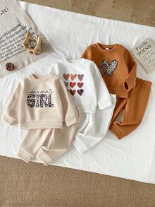 6pcs/Set Baby Girls Thermal Lined Crew Neck Long Sleeve T-Shirt And Elastic Waist Pants Set, Suitable For Commuting, School, Casual, Vacation, Sports, Autumn/Winter, 6M-3T, Children Clothing, Toddler Clothing, Infant Clothing, Toddler T-Shirt, Toddler Pants Baby Autumn Winter Outfits Baby Casual Sets Neutral Baby Clothes Unisex Baby Girl Sweat Set Fall