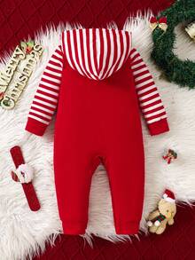SHEIN Playful Pals Neugeborenen Baby Jungen Lässig Weihnachts-Weihnachtsmann & Rentier Buchstaben Muster Farbblock Langarm Kapuzen-Jumpsuit, geeignet für Weihnachten, Neugeborene, Feste, weiches & bequemes Material