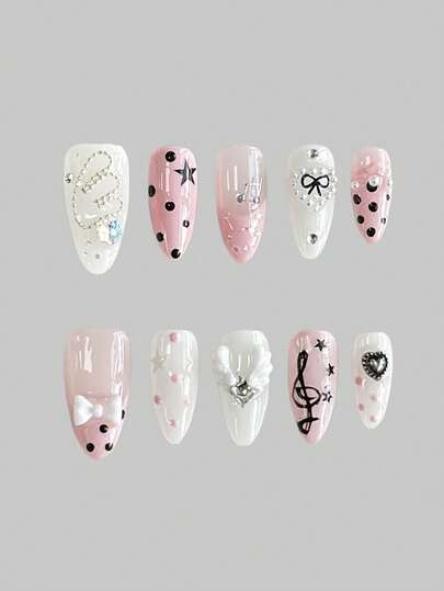 Anime 10 Stück süße Schleifen-Musik-Noten-Stern-Elemente hochwertige handgefertigte Kunstnägel + 3 Stück doppelseitiger Kleber, Y2K französischer Stil Strass-Kette Polka-Punkt abnehmbare Nail-Art-Aufkleber, geeignet für Feiertage, Partys, Tanzen und den täglichen Gebrauch