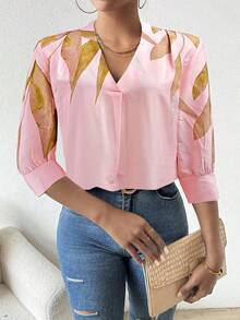 EMERY ROSE 女士休闲通勤花卉印花衬衫 - 淺粉色 - 查看 5