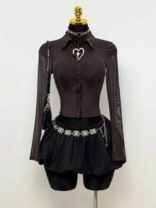 EgrlEra Solid Color Front Button Long Sleeve Casual Sheer Blouse Y2K - Brown - View 1