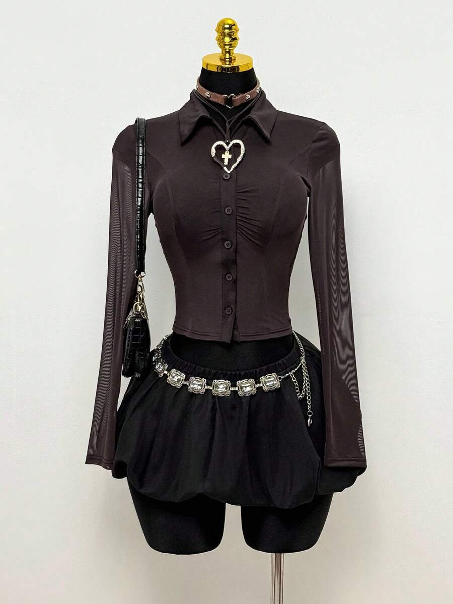 EgrlEra Solid Color Front Button Long Sleeve Casual Sheer Blouse Y2K - Brown - View 1