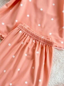 Polka Dot Lettuce Trim Cami PJ Set / Pajama Set - Coral Pink - View 3