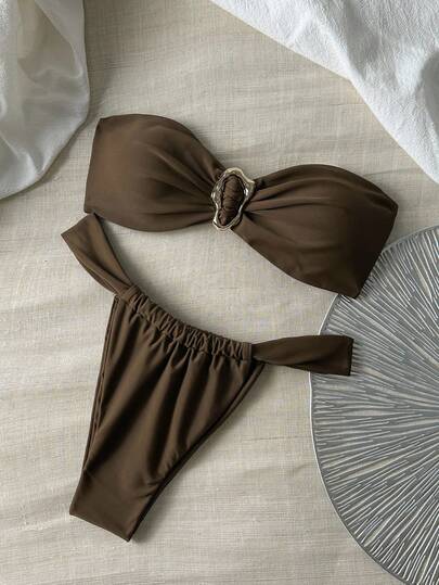 Swim Vcay Springbreak Women Solid Color Bandeau Metal Accessory And Thong Bikini Set, Sexy Summer Swimwear