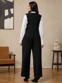 Zelara Elegant Button Decor Sleeveless Top & Elastic Waist Pants Set,Black And White Summer Plus Size Office Work Suits For Women,Professional Business Sets - Black - View 4