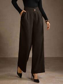 MOTF PREMIUM 纯色重叠腰斜口袋褶皱阔腿裤 - 咖啡棕 - 查看 5