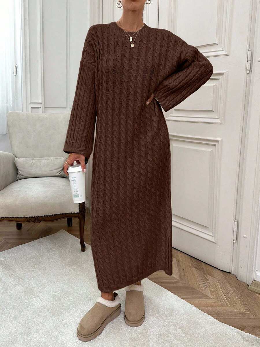 EURMUSE Women Cable Knitting Maxi Sweater Dress - Brown - View 1