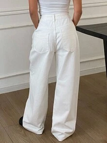 Livesso 女士破洞阔腿牛仔裤 - 白色 - 查看 2