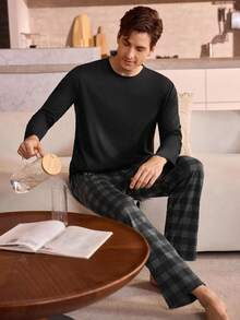 Manfinity Underwear&Sleepwear Basics 大码男士黑色格子长袖睡衣套装 - 黑色 - 查看 5