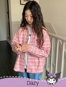 HELLO KITTY AND FRIENDS | SHEIN 秋季少女梭织格子长袖衬衫 - 粉色 - 查看 2