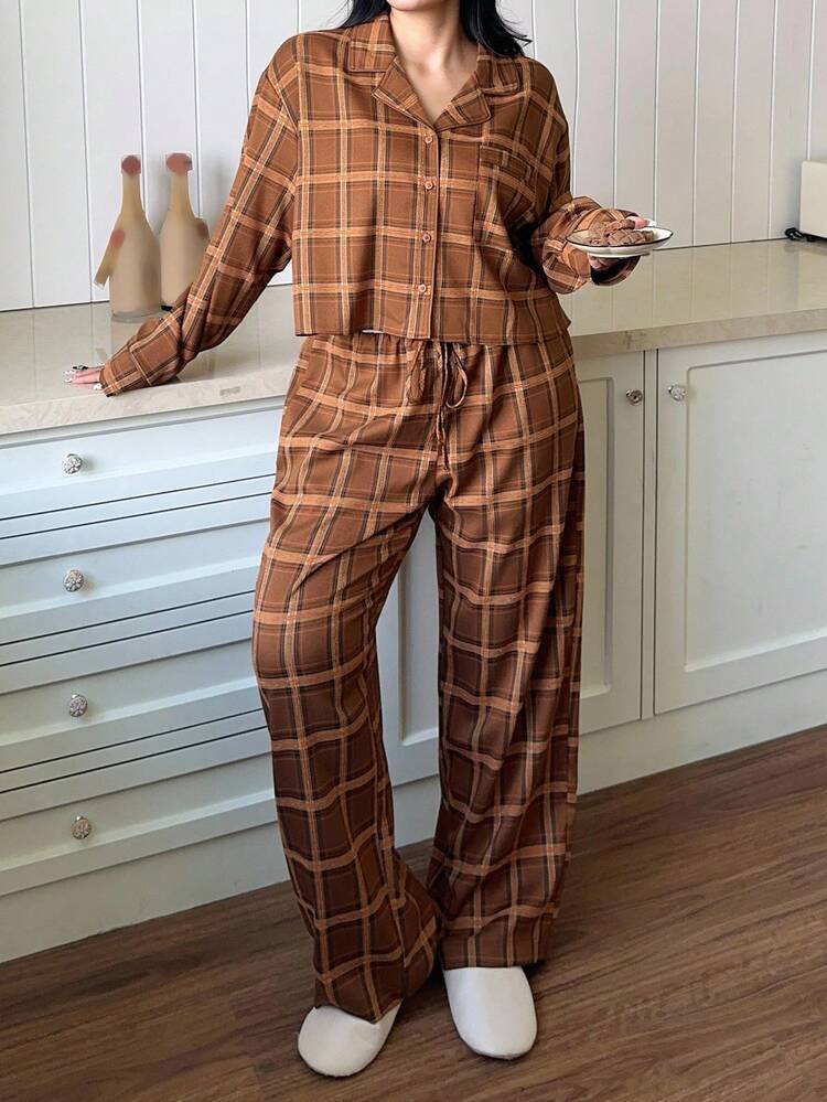 Dazy Plus 2pcs Plaid Loose Fit Casual Pajama Set, Suitable For Outdoor Wear, Plus Size Women, Spring/Autumn, Cozy Outfit, Fall Winter Clothes
