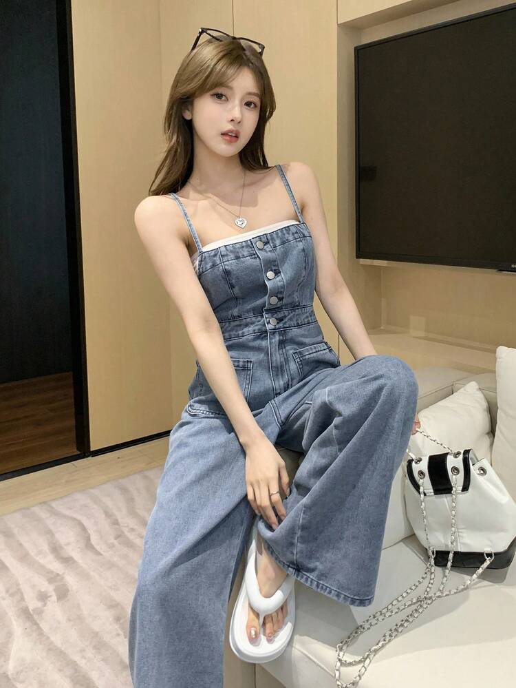 Women's Casual Washed Denim Bib Overalls And Jumpsuit