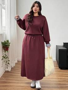 Dazy Plus 两件套加大码休闲运动卫衣和半身裙，撞色拼接，宽松版型，保暖内衬，适合圣诞节和新年穿着，秋冬季保暖两件套 - 酒紅色 - 查看 6